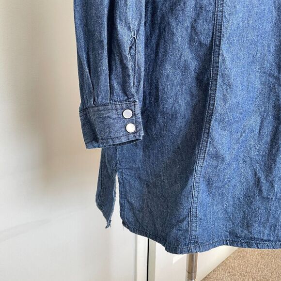 Ellos Western Denim Midi Dress Sz S/M Pearl Button Roll Tab Peasant Cottagecore - Picture 6 of 14